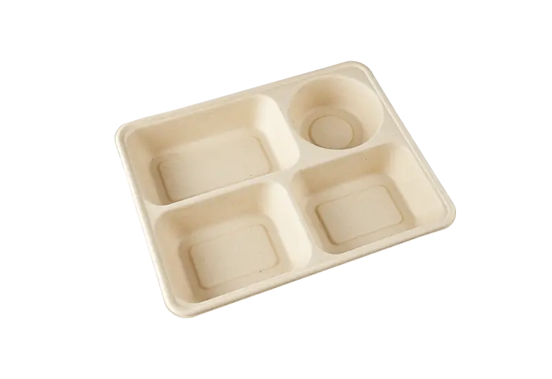 4 Compartments, Sugarcane Pulp Lunch Box For Soup